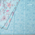 Semi Raw Silk Sky Blue Printed Saree With Floral Creeper Design