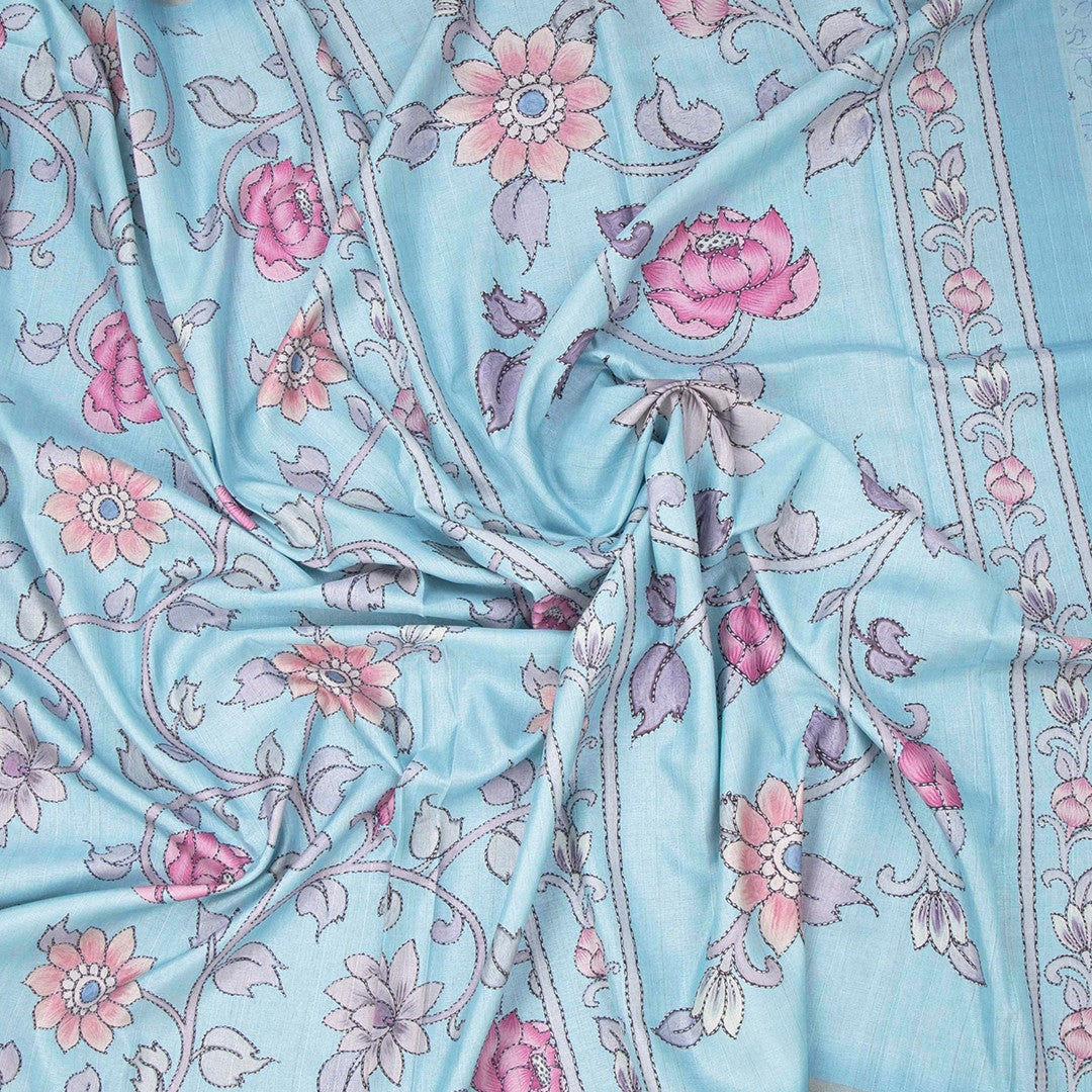 Semi Raw Silk Sky Blue Printed Saree With Floral Creeper Design