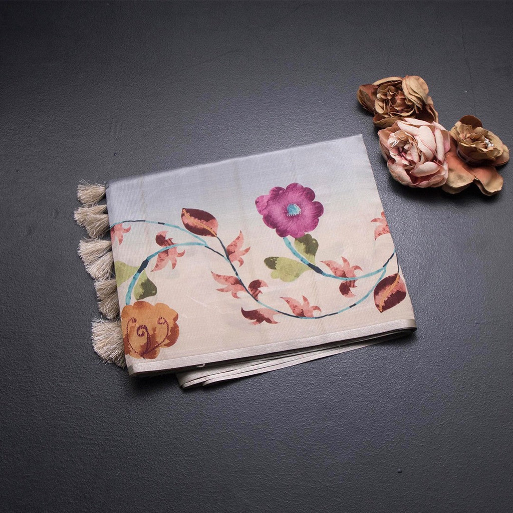 Semi Raw Silk Grey Plain Saree With Floral Creeper Design