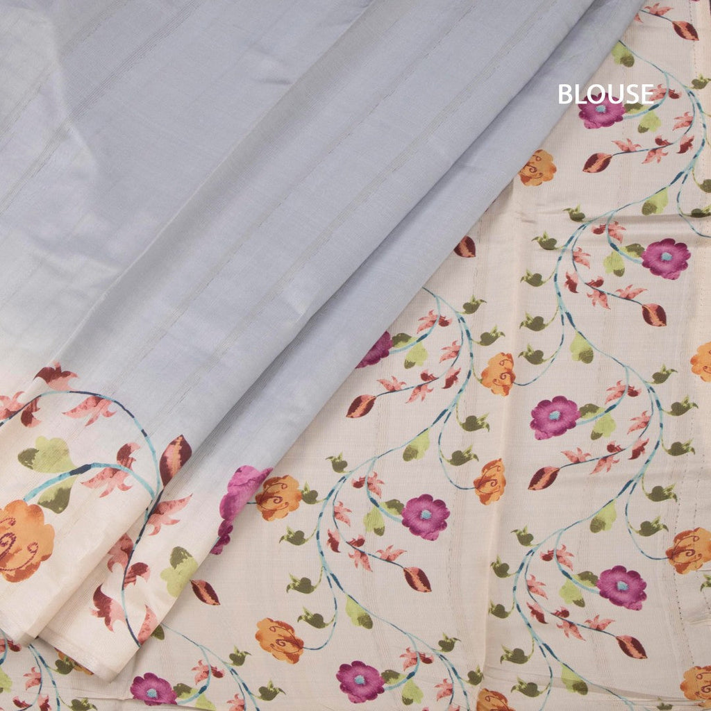 Semi Raw Silk Grey Plain Saree With Floral Creeper Design