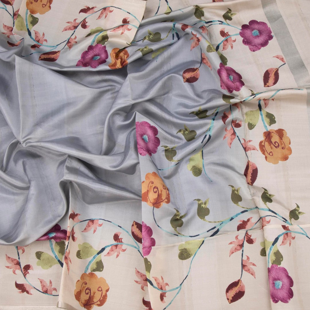 Semi Raw Silk Grey Plain Saree With Floral Creeper Design