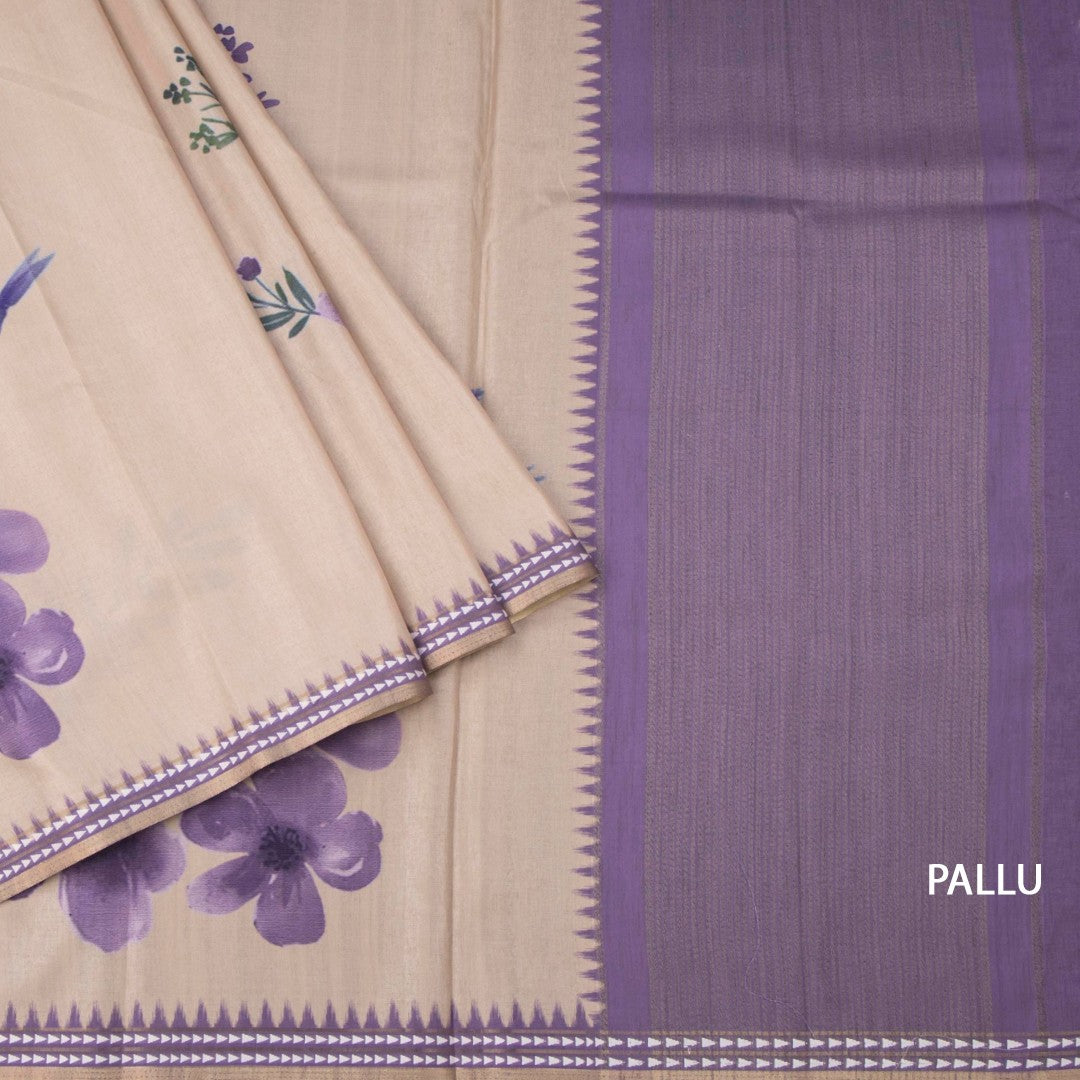 Raw Silk Cream Floral Printed Saree 02