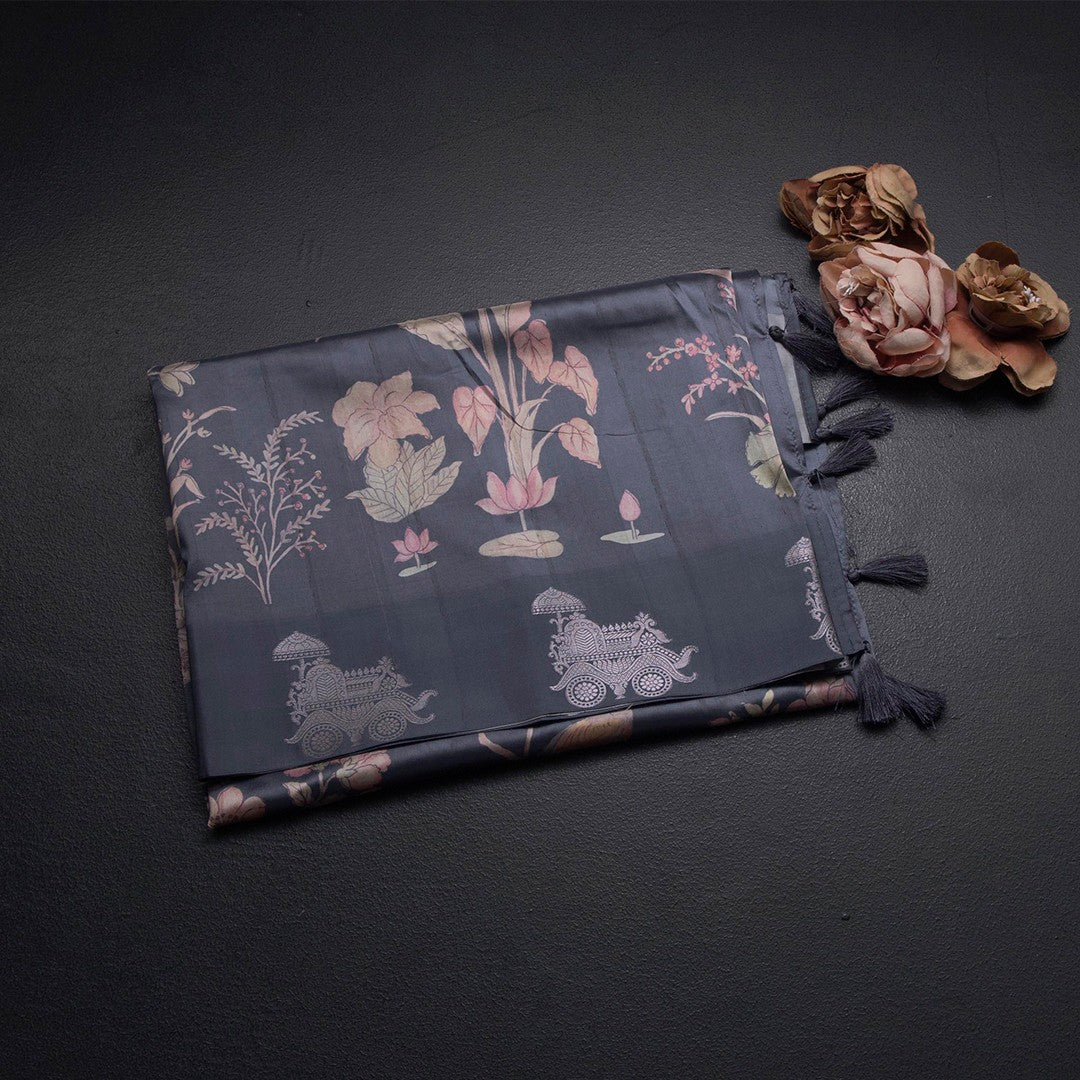 Satin Silk Grey Floral Printed Saree