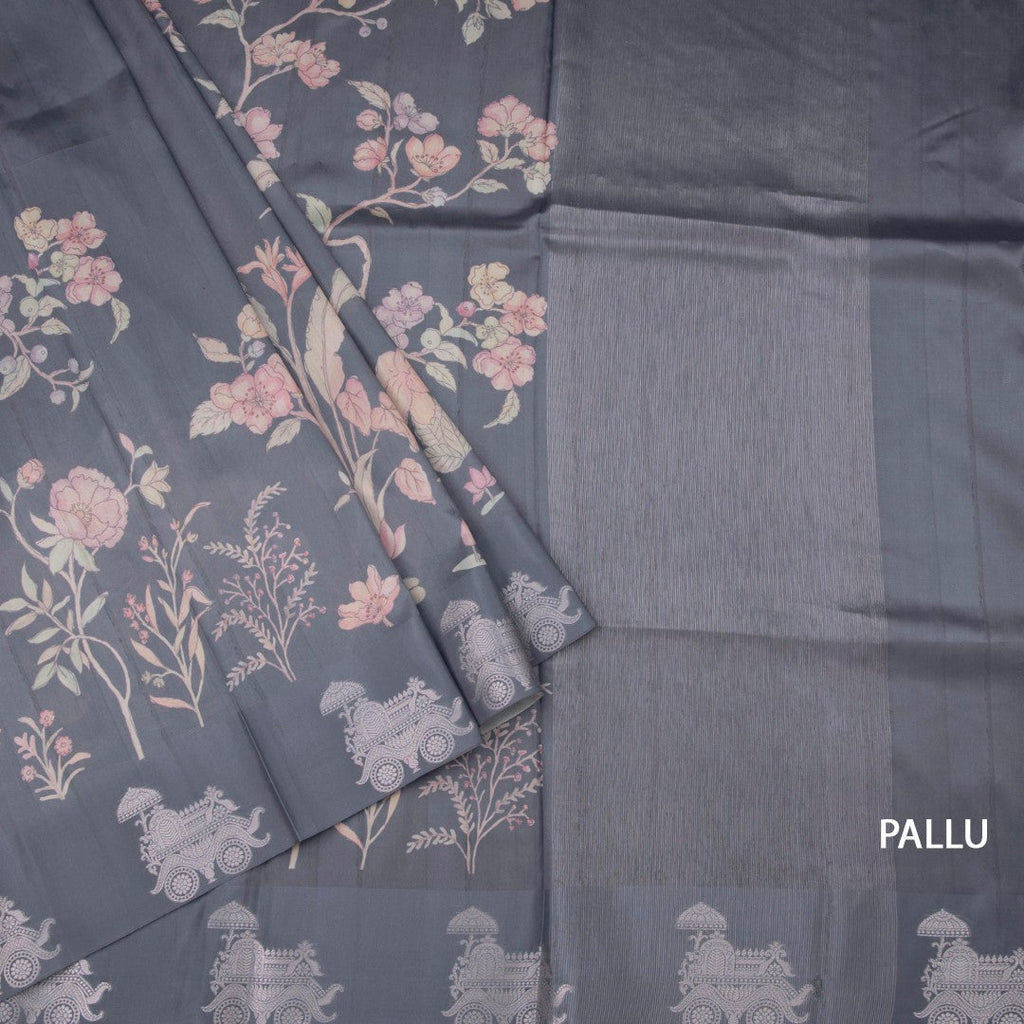 Satin Silk Grey Floral Printed Saree