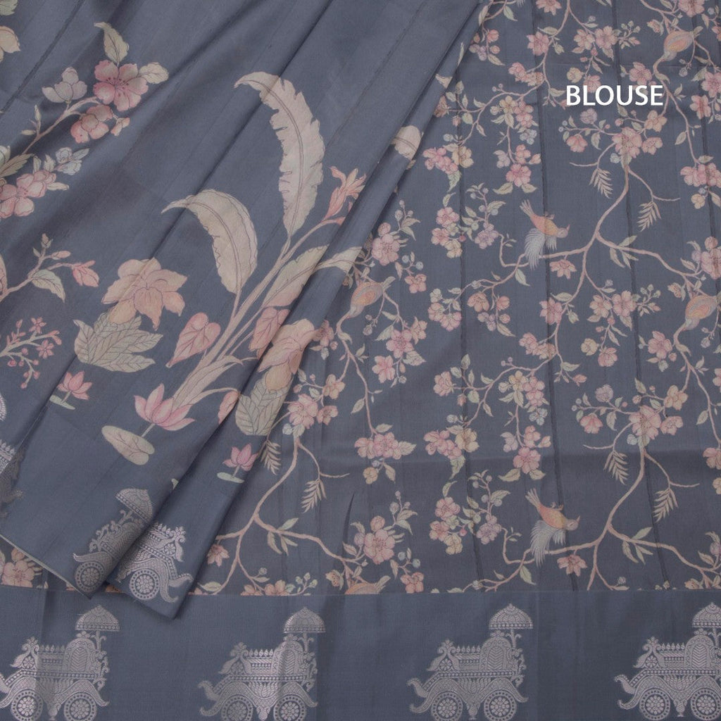 Satin Silk Grey Floral Printed Saree