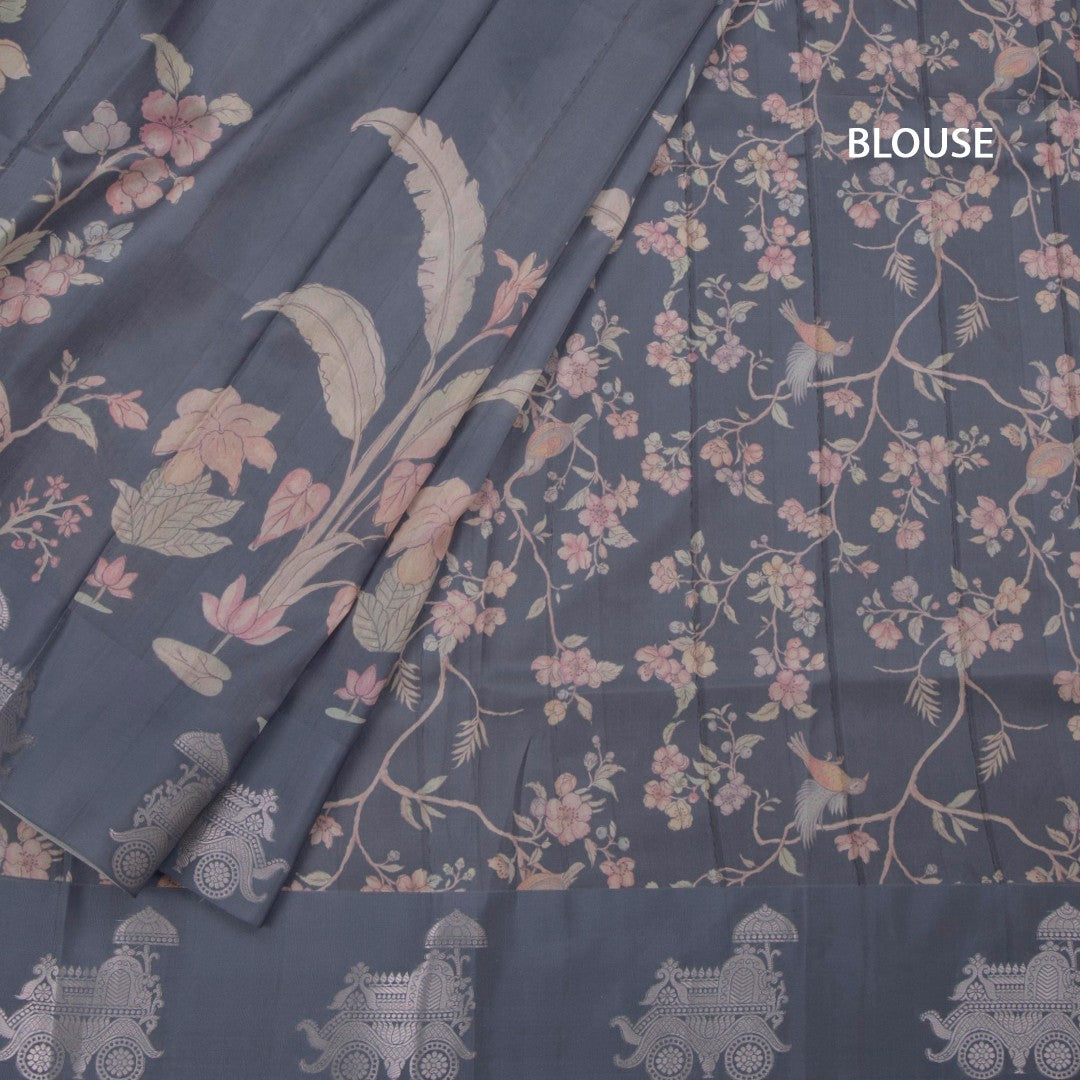 Satin Silk Grey Floral Printed Saree