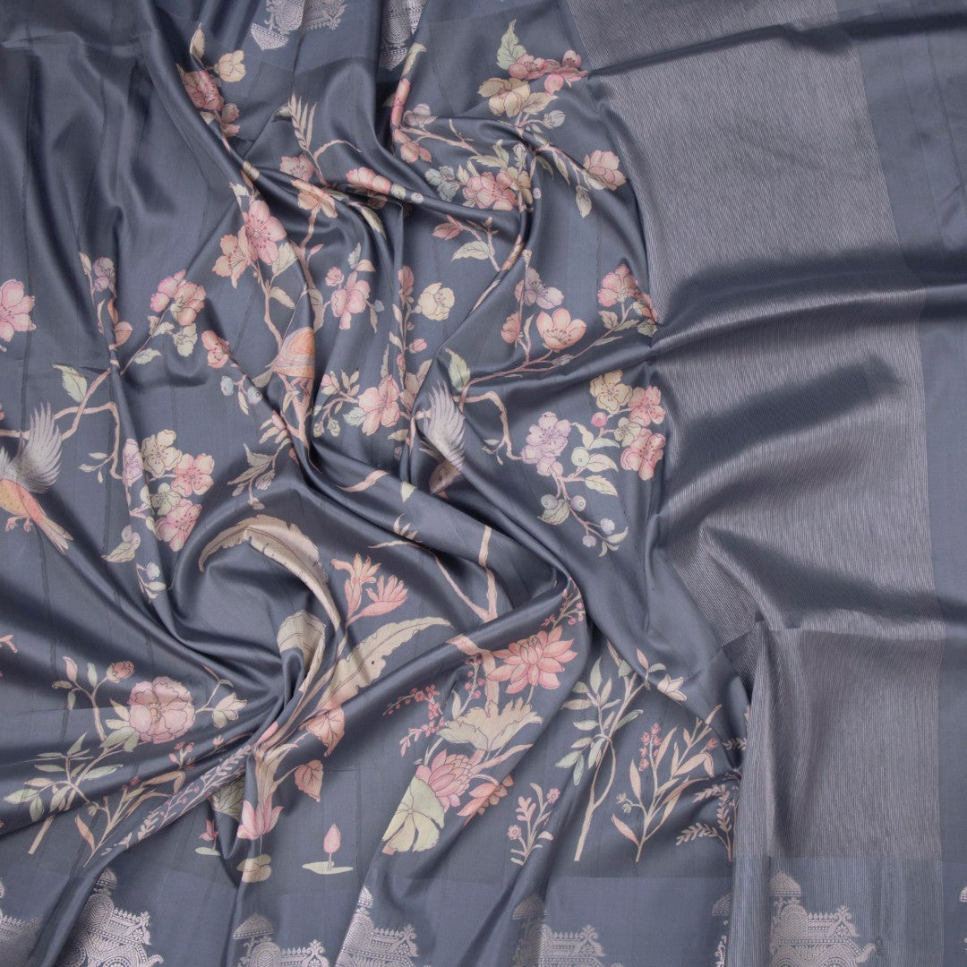 Satin Silk Grey Floral Printed Saree