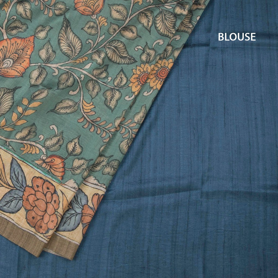 Tussar Sage Green Kalamkari Printed Saree