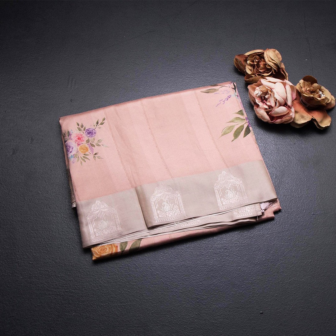 Satin Silk Peach Floral Printed Saree 02