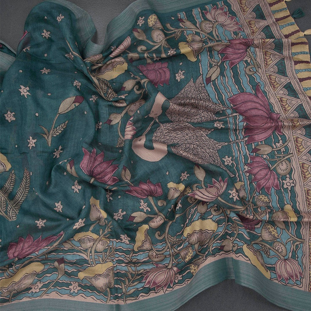 Semi Linen Teal Blue Printed Saree