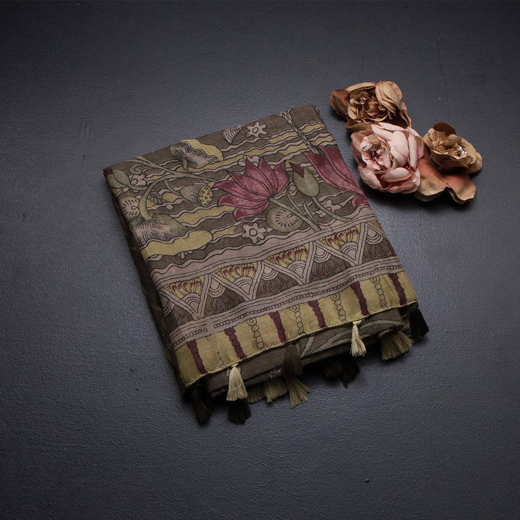 Semi Linen Olive Green Printed Saree 03