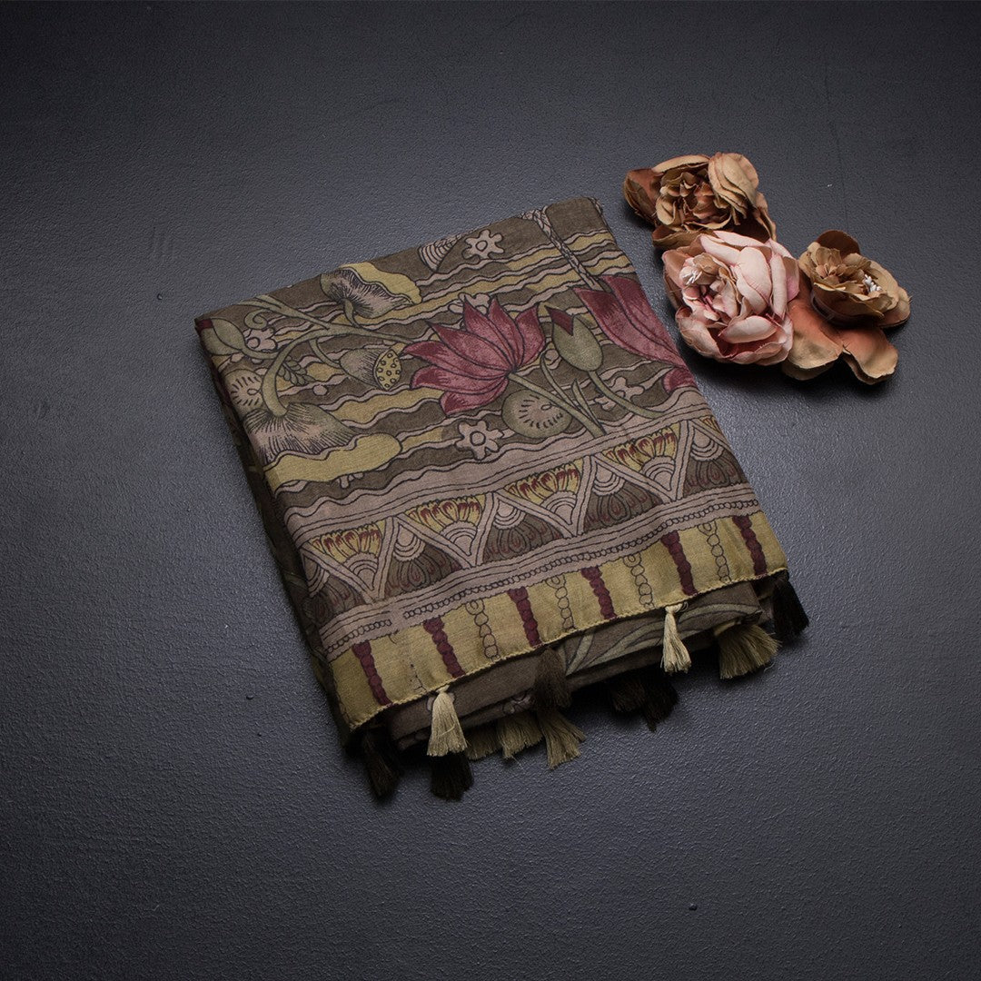 Semi Linen Olive Green Printed Saree 03