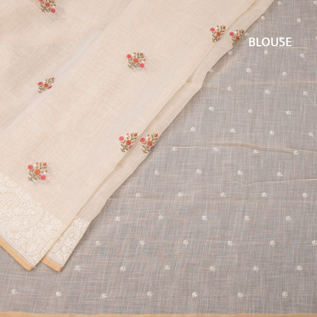 Linen Cream Floral Thread Work Saree 04