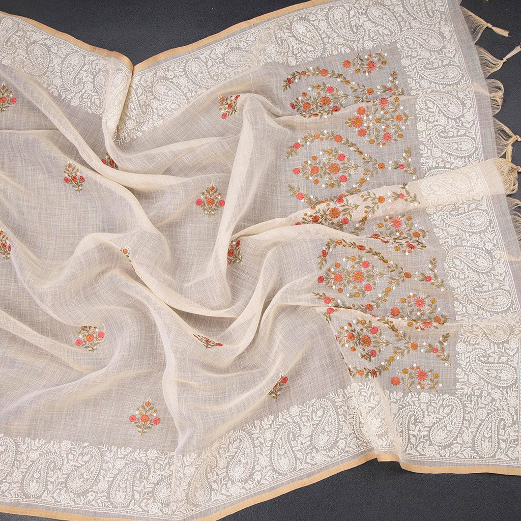 Linen Cream Floral Thread Work Saree 04