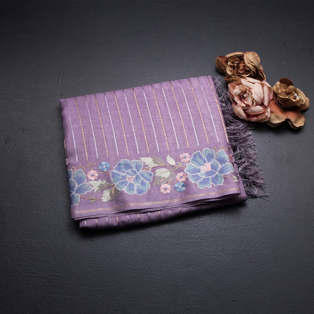 Raw Silk Lavender Zari Stripes Saree And Thread Border