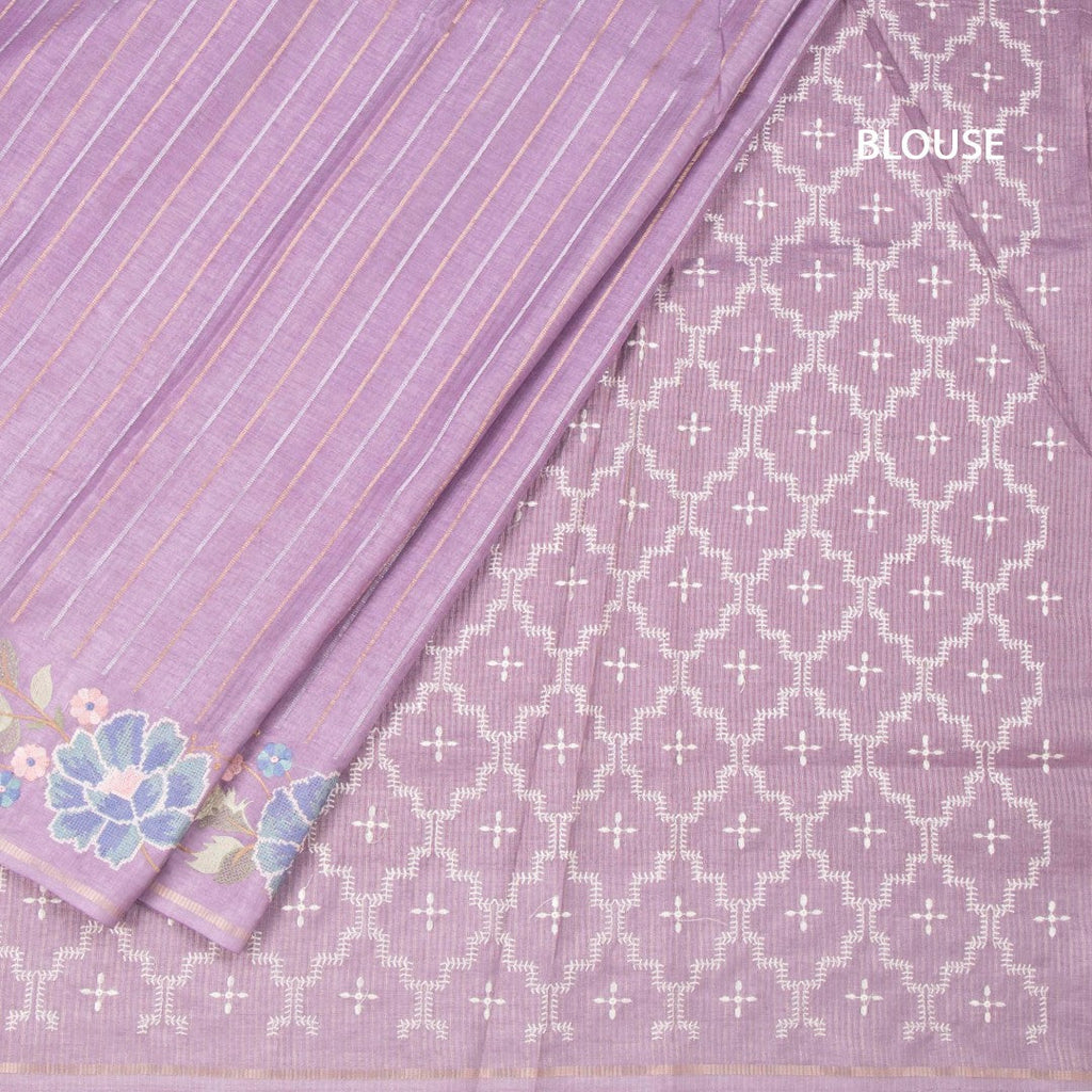 Raw Silk Lavender Zari Stripes Saree And Thread Border