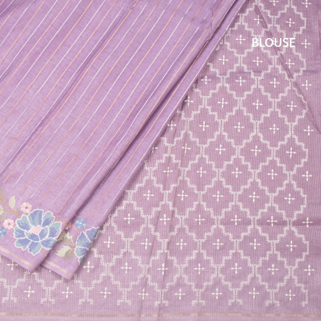 Raw Silk Lavender Zari Stripes Saree And Thread Border