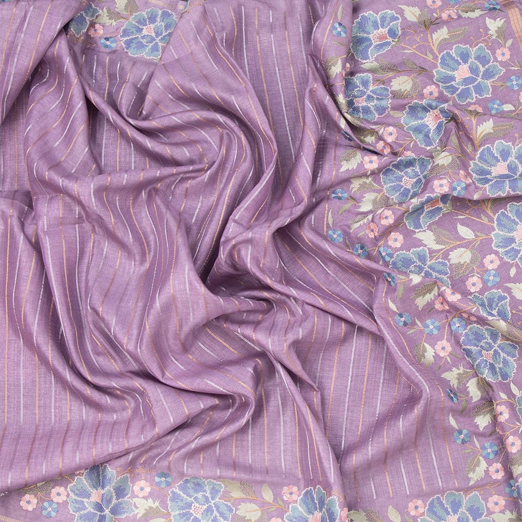 Raw Silk Lavender Zari Stripes Saree And Thread Border