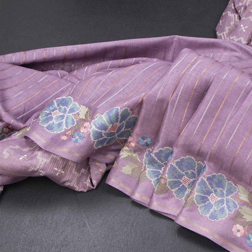 Raw Silk Lavender Zari Stripes Saree And Thread Border