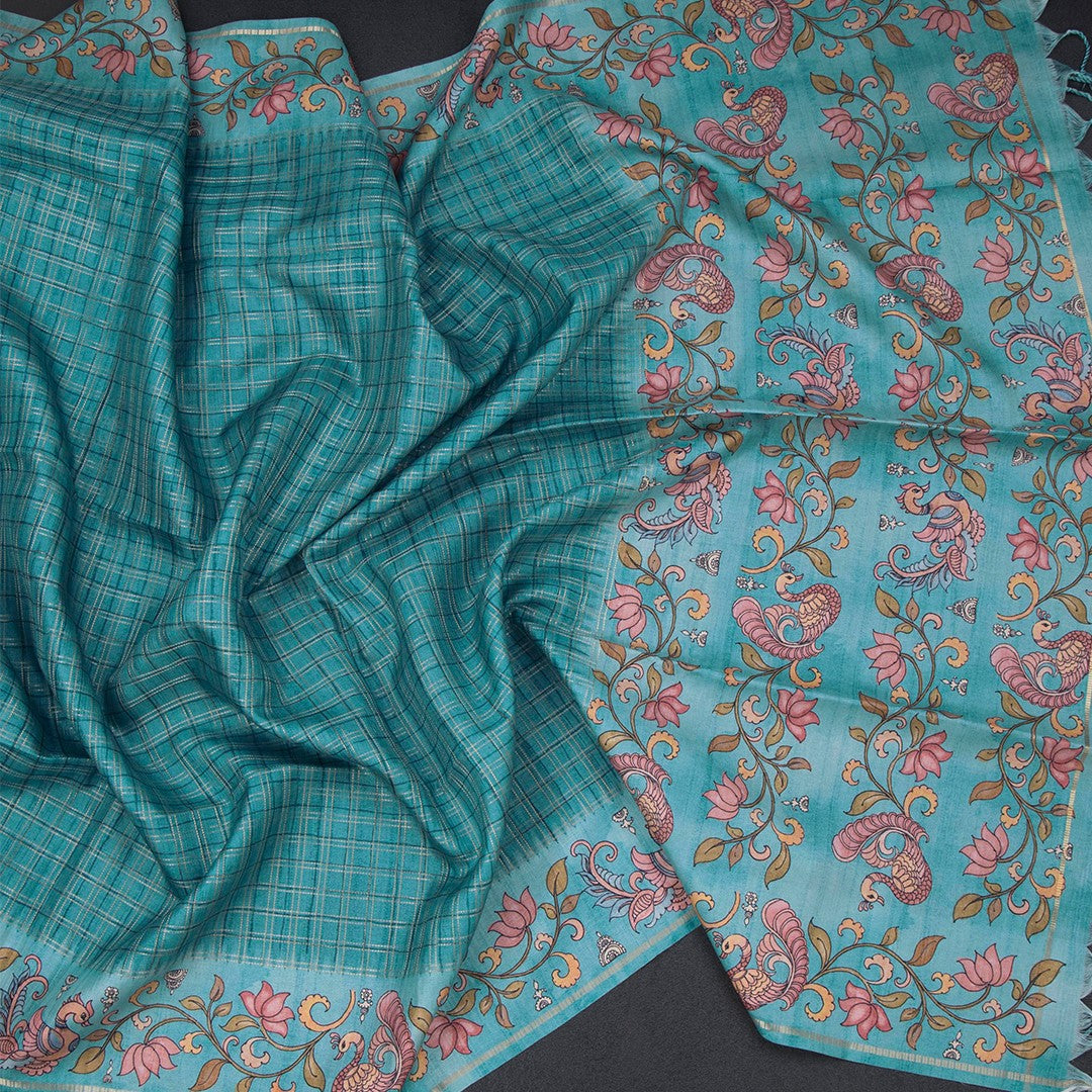 Raw Silk Peacock Blue Zari Checked Saree And Printed Border