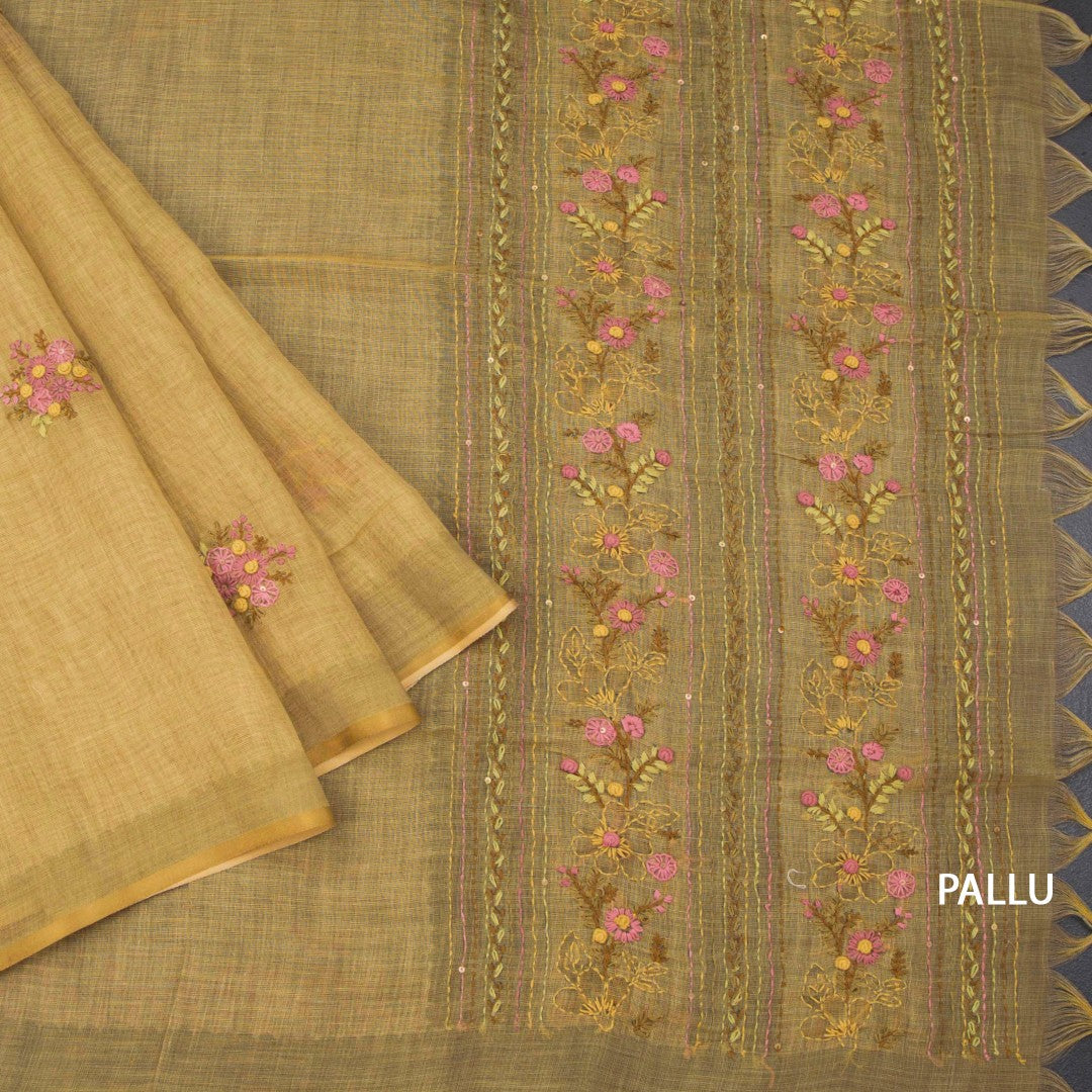 Linen Gold Floral Thread Work Saree