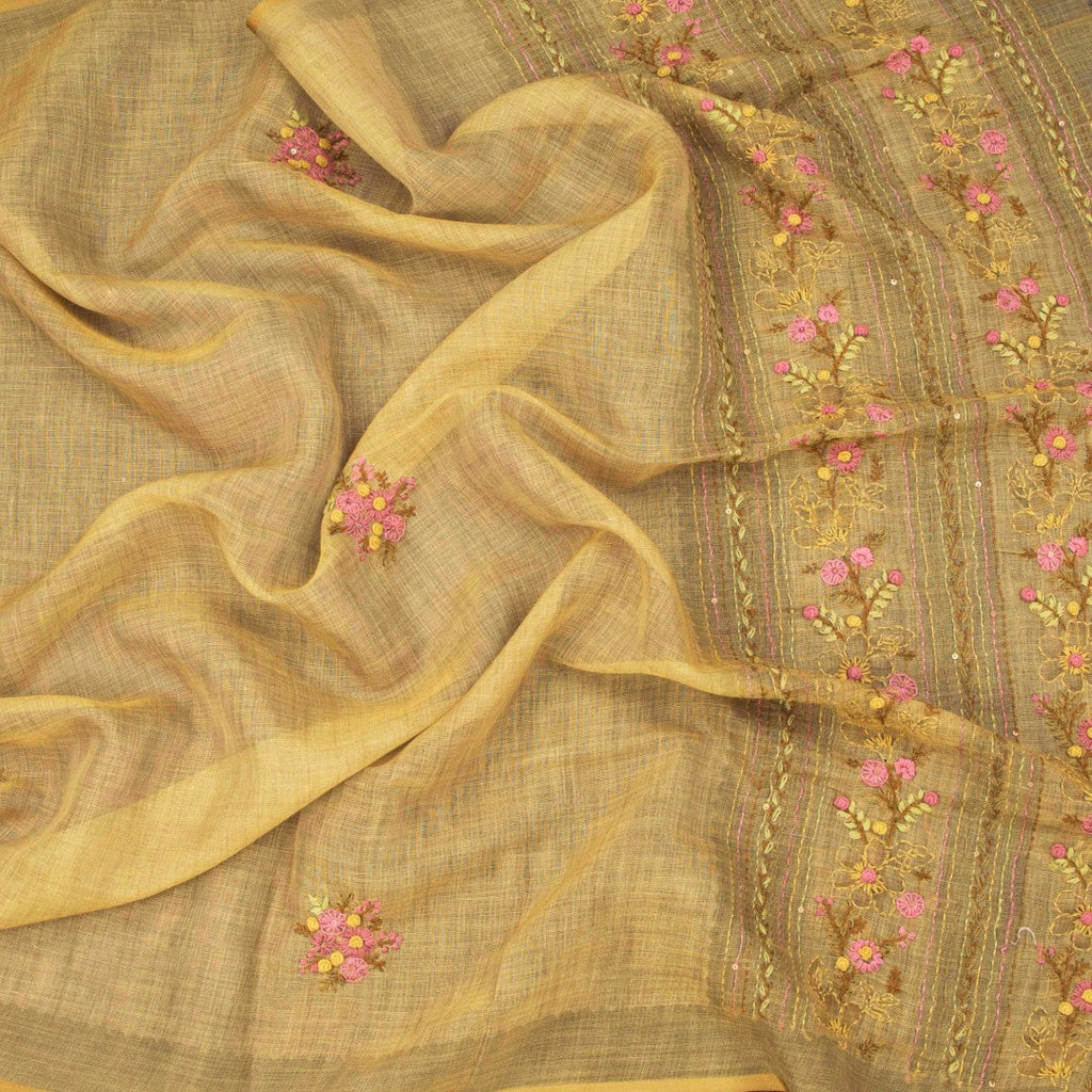 Linen Gold Floral Thread Work Saree