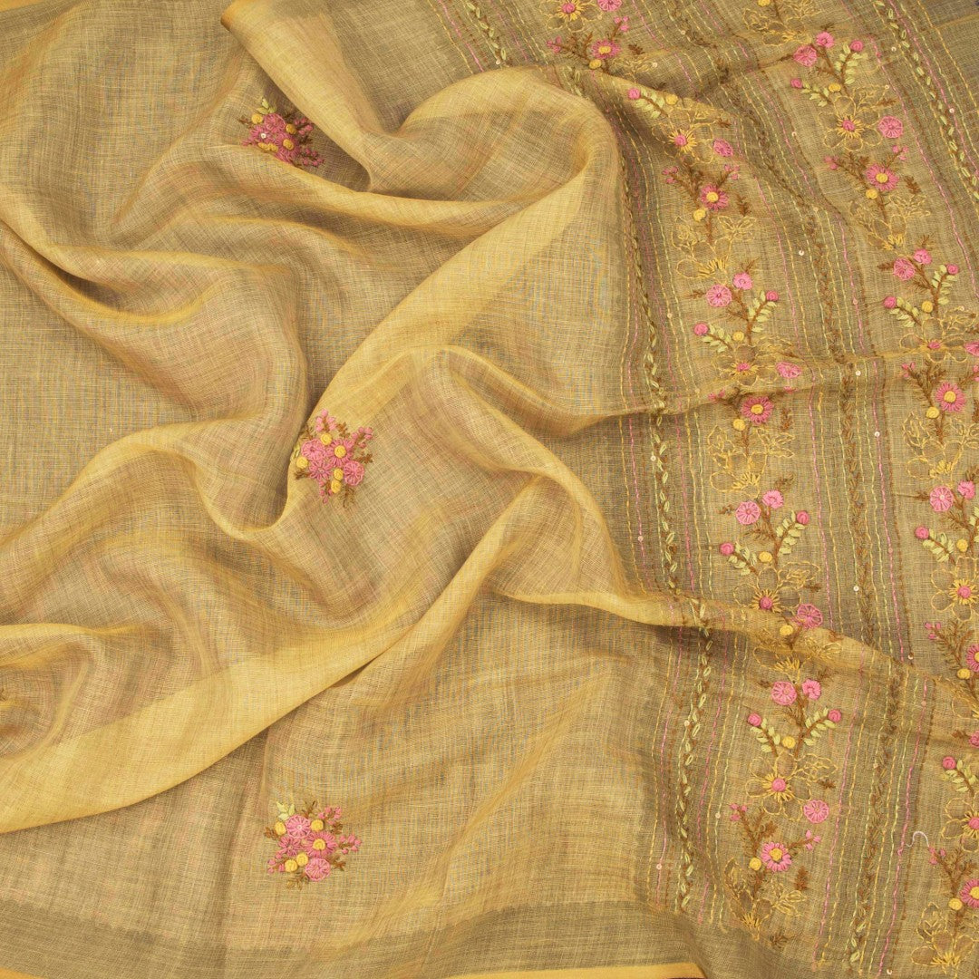 Linen Gold Floral Thread Work Saree