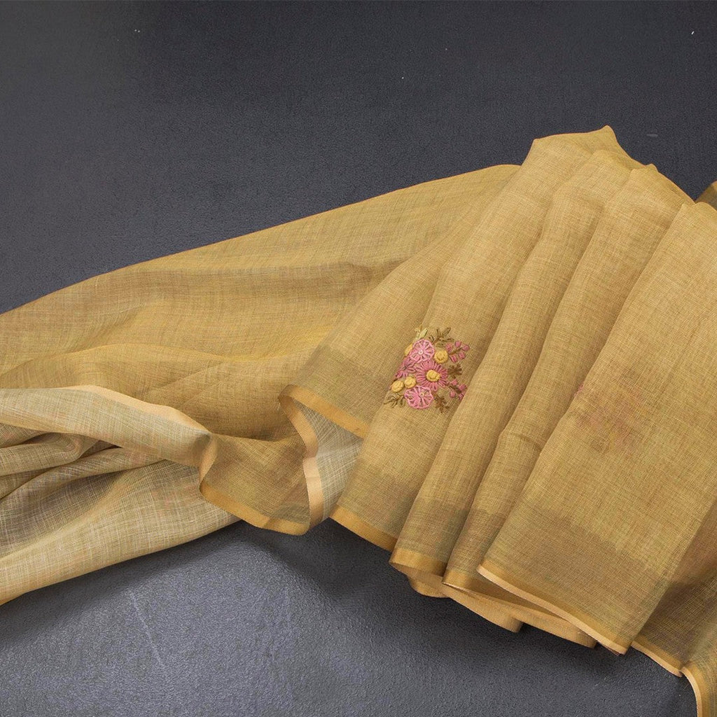 Linen Gold Floral Thread Work Saree