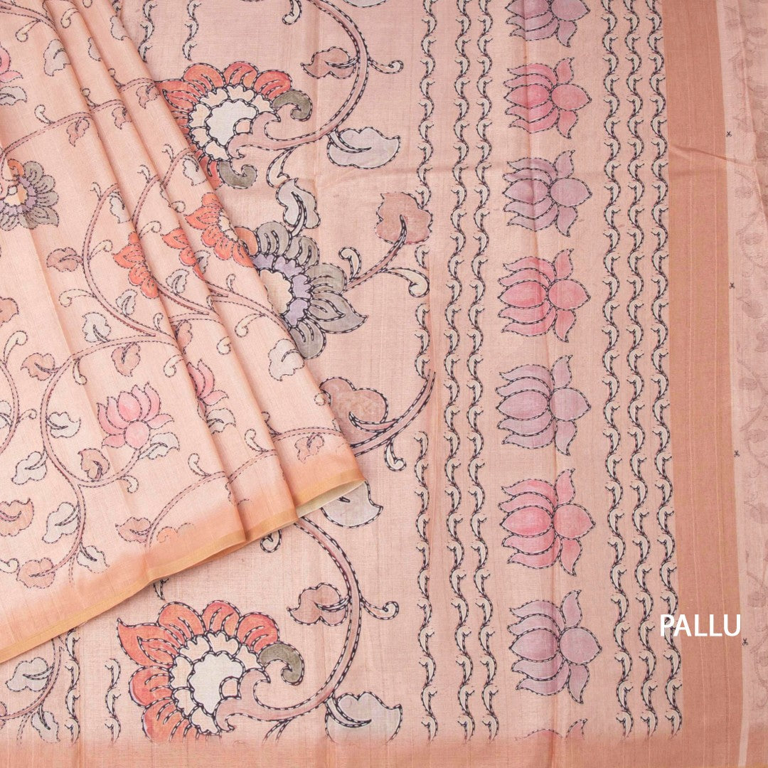 Semi Raw Silk Peach Printed Saree With Floral Creeper Design 02