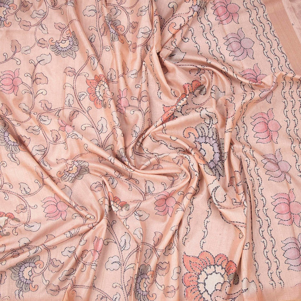 Semi Raw Silk Peach Printed Saree With Floral Creeper Design 02