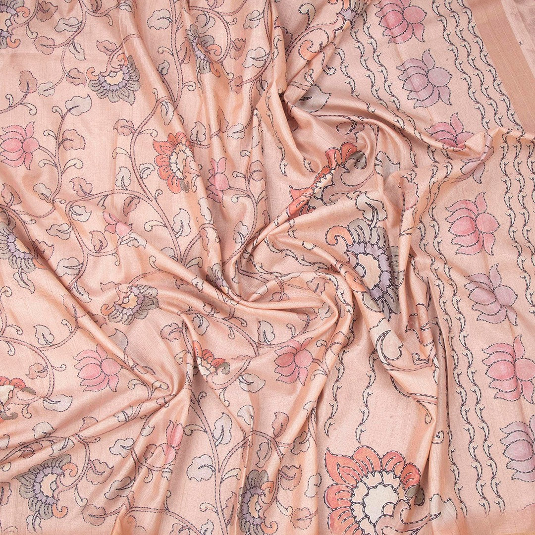 Semi Raw Silk Peach Printed Saree With Floral Creeper Design 02
