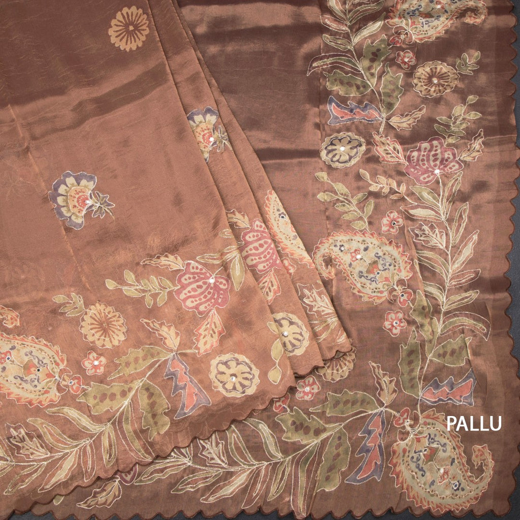 Tissue Copper Saree With Painted Zari Thread And Mirror Work