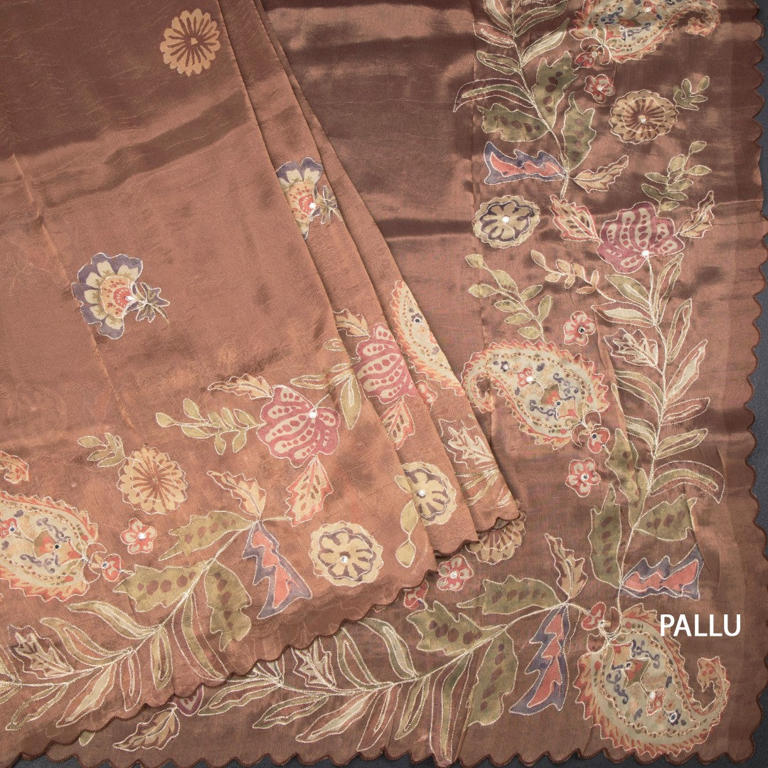 Tissue Copper Saree With Painted Zari Thread And Mirror Work