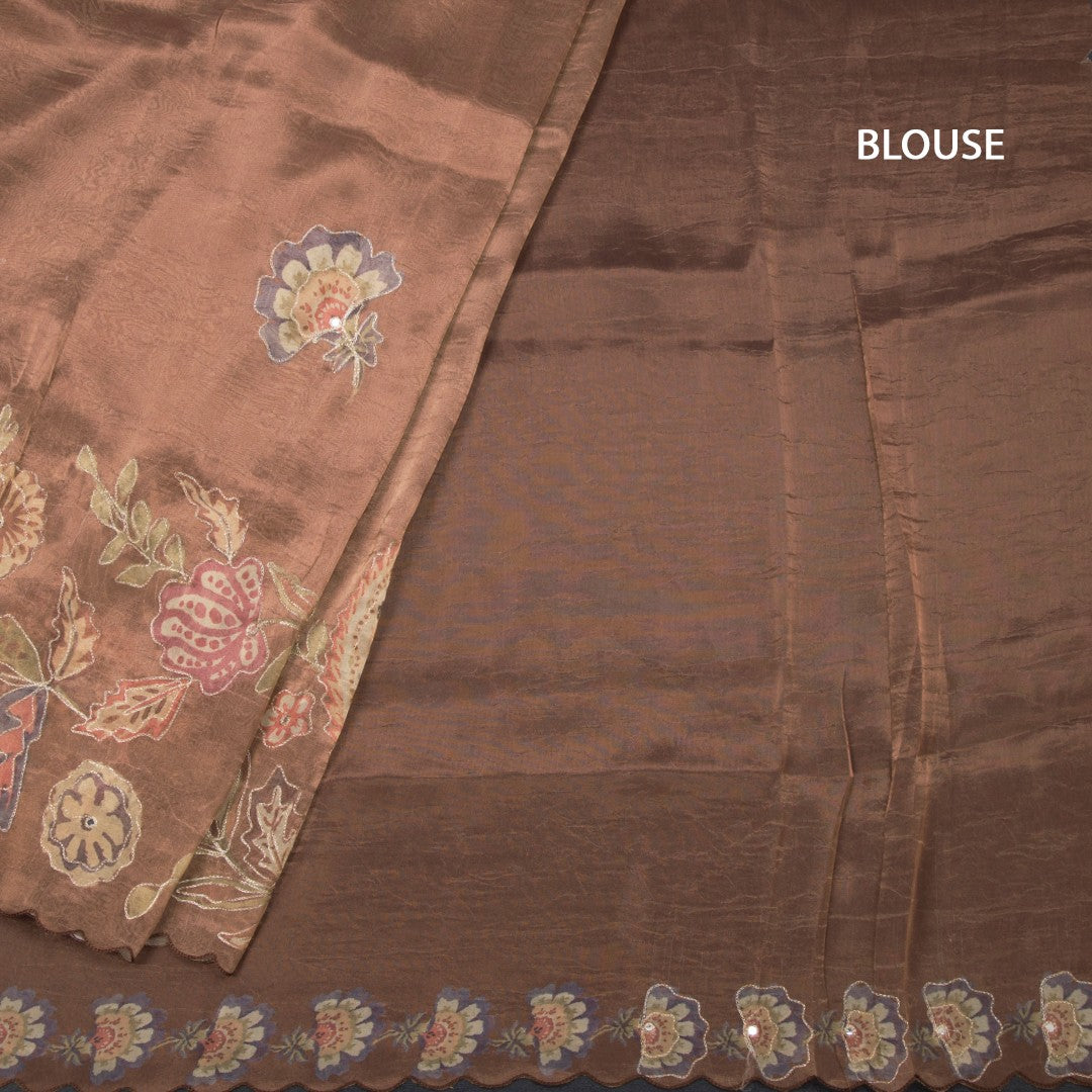 Tissue Copper Saree With Painted Zari Thread And Mirror Work