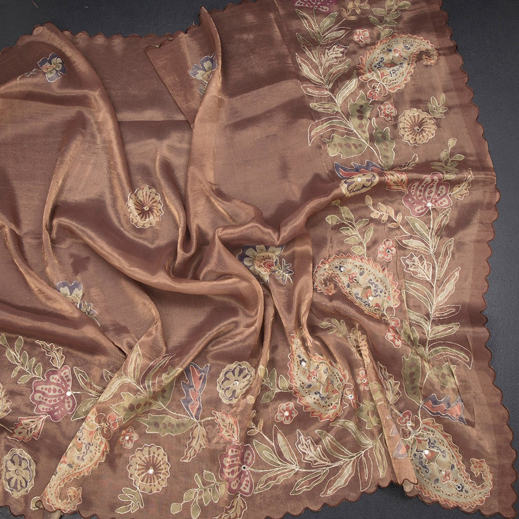 Tissue Copper Saree With Painted Zari Thread And Mirror Work