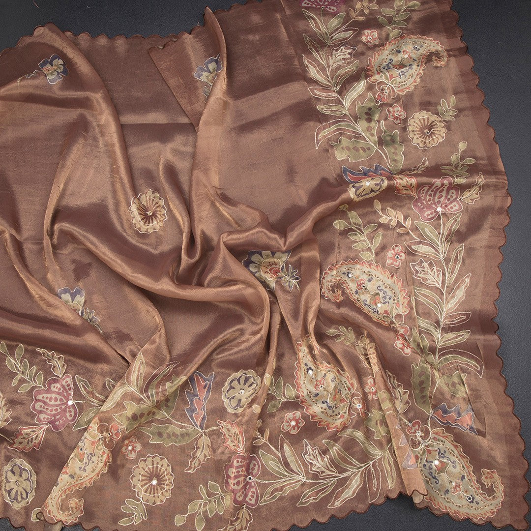 Tissue Copper Saree With Painted Zari Thread And Mirror Work