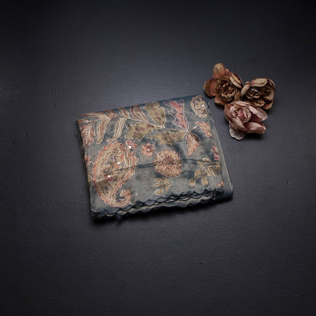 Tissue Sage Green Saree With Painted Zari Thread And Mirror Work