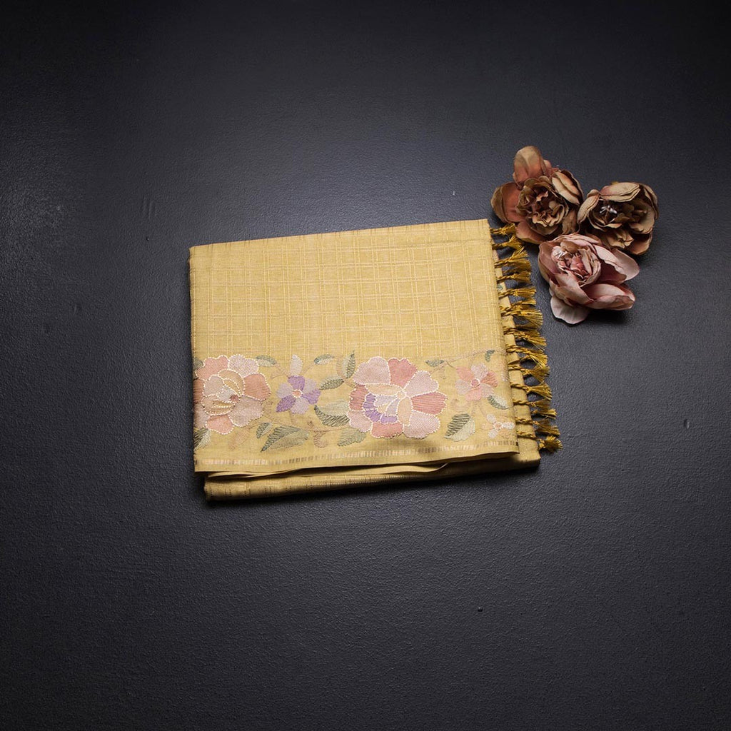 Raw Silk Pastel Yellow Zari Checked Saree And Floral Thread Border