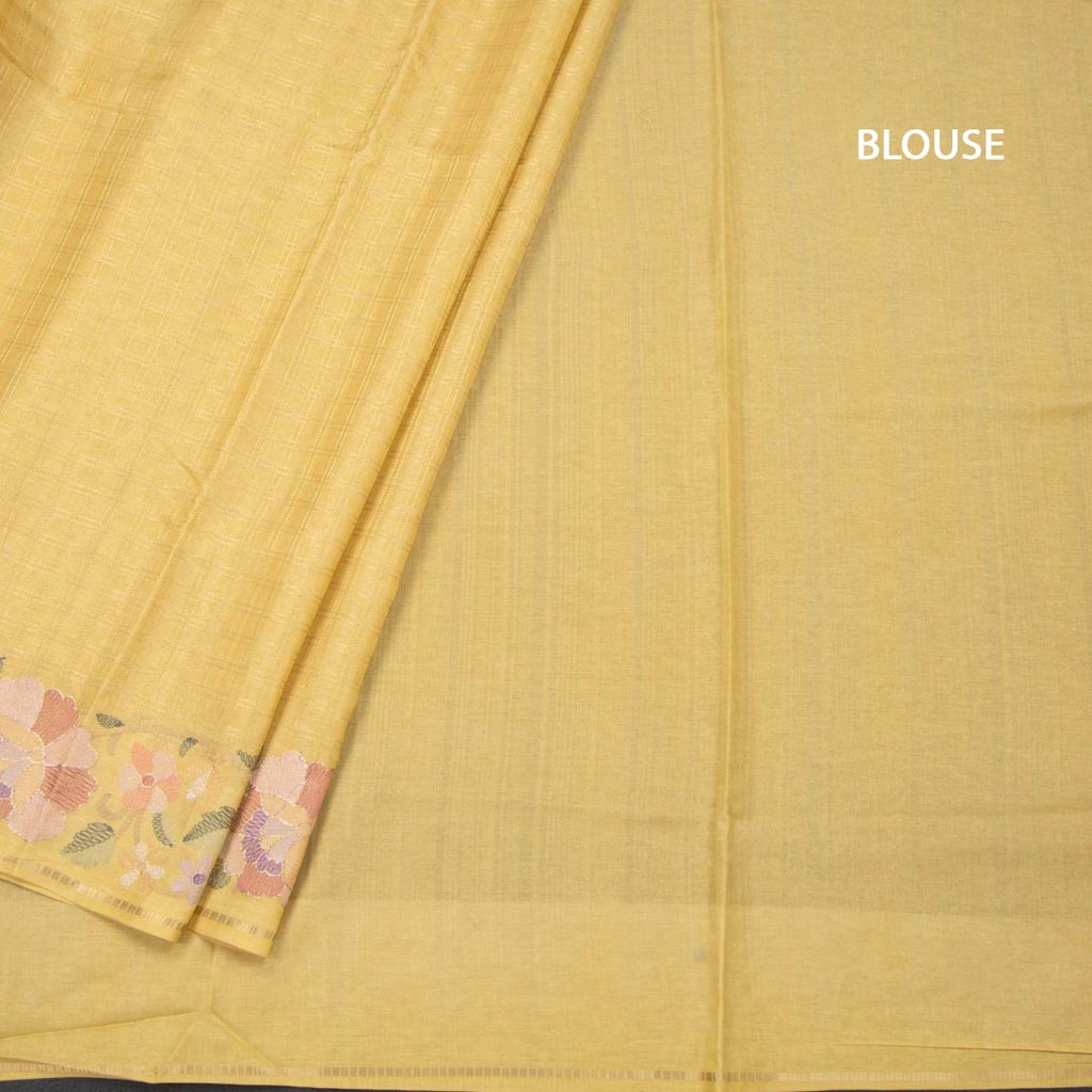 Raw Silk Pastel Yellow Zari Checked Saree And Floral Thread Border