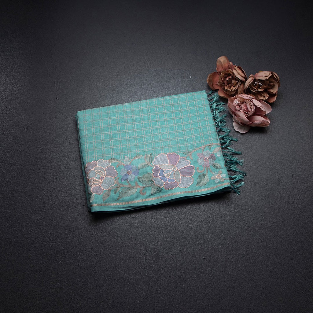 Raw Silk Sky Blue Zari Checked Saree And Floral Thread Border