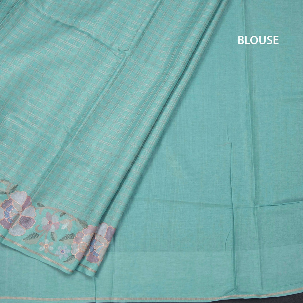 Raw Silk Sky Blue Zari Checked Saree And Floral Thread Border