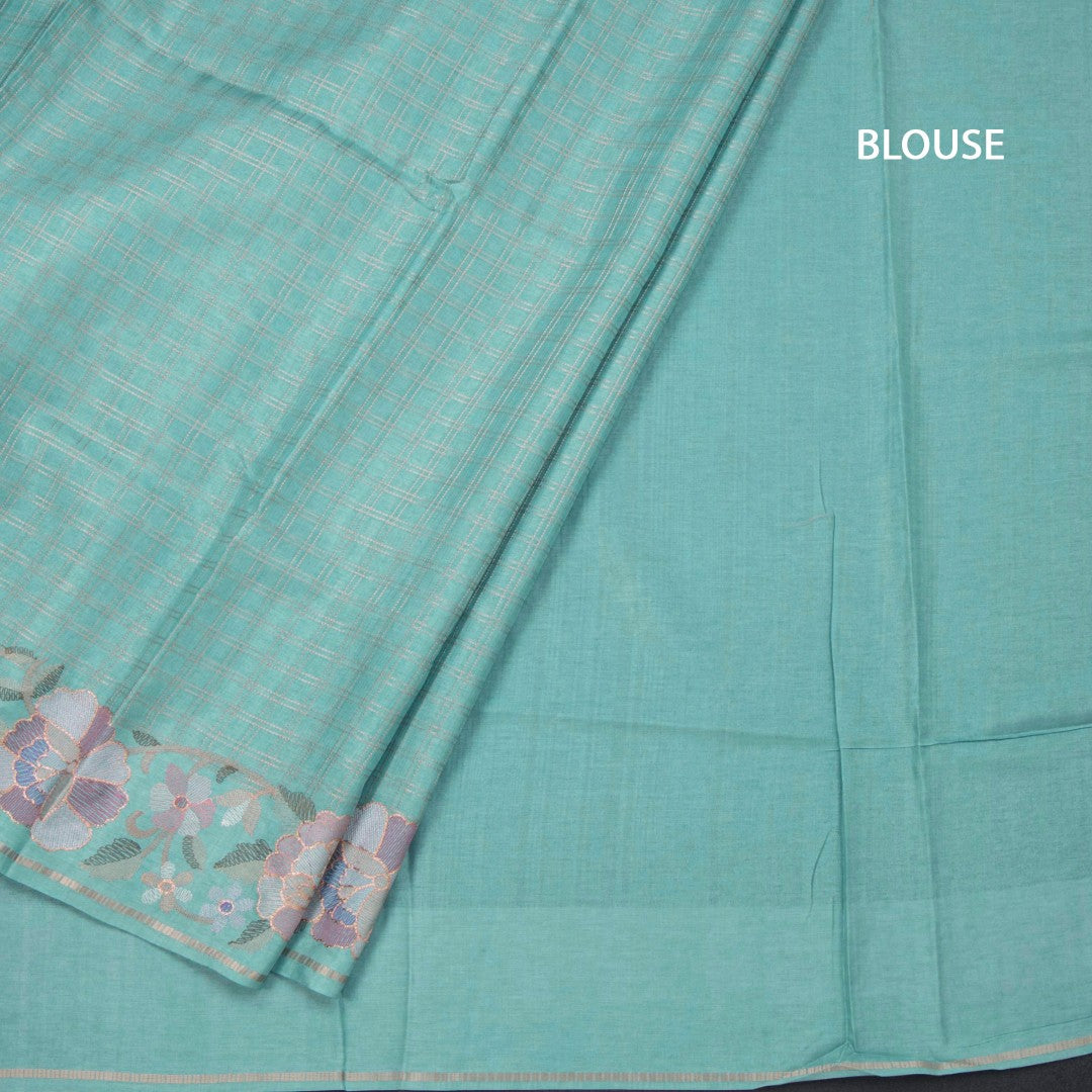 Raw Silk Sky Blue Zari Checked Saree And Floral Thread Border