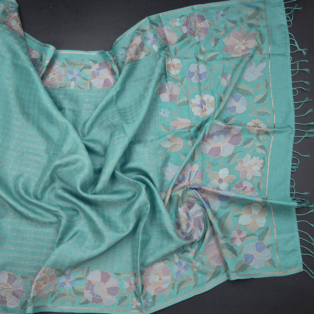 Raw Silk Sky Blue Zari Checked Saree And Floral Thread Border