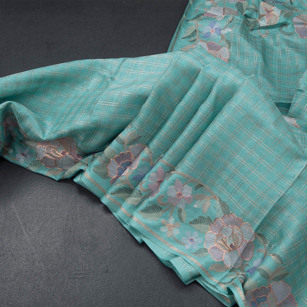 Raw Silk Sky Blue Zari Checked Saree And Floral Thread Border