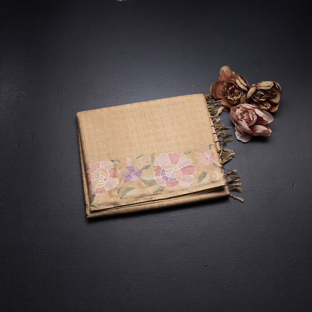 Raw Silk Sandal Zari Checked Saree And Floral Thread Border