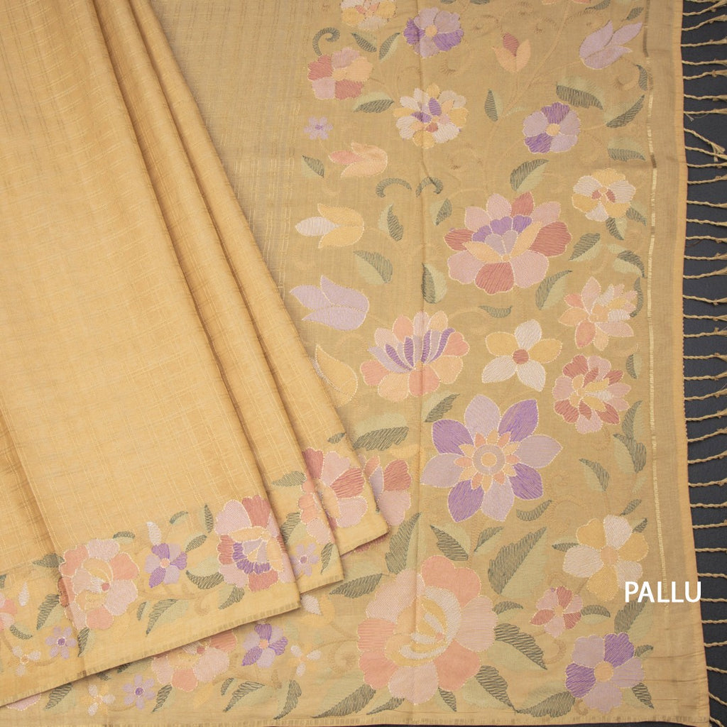Raw Silk Sandal Zari Checked Saree And Floral Thread Border