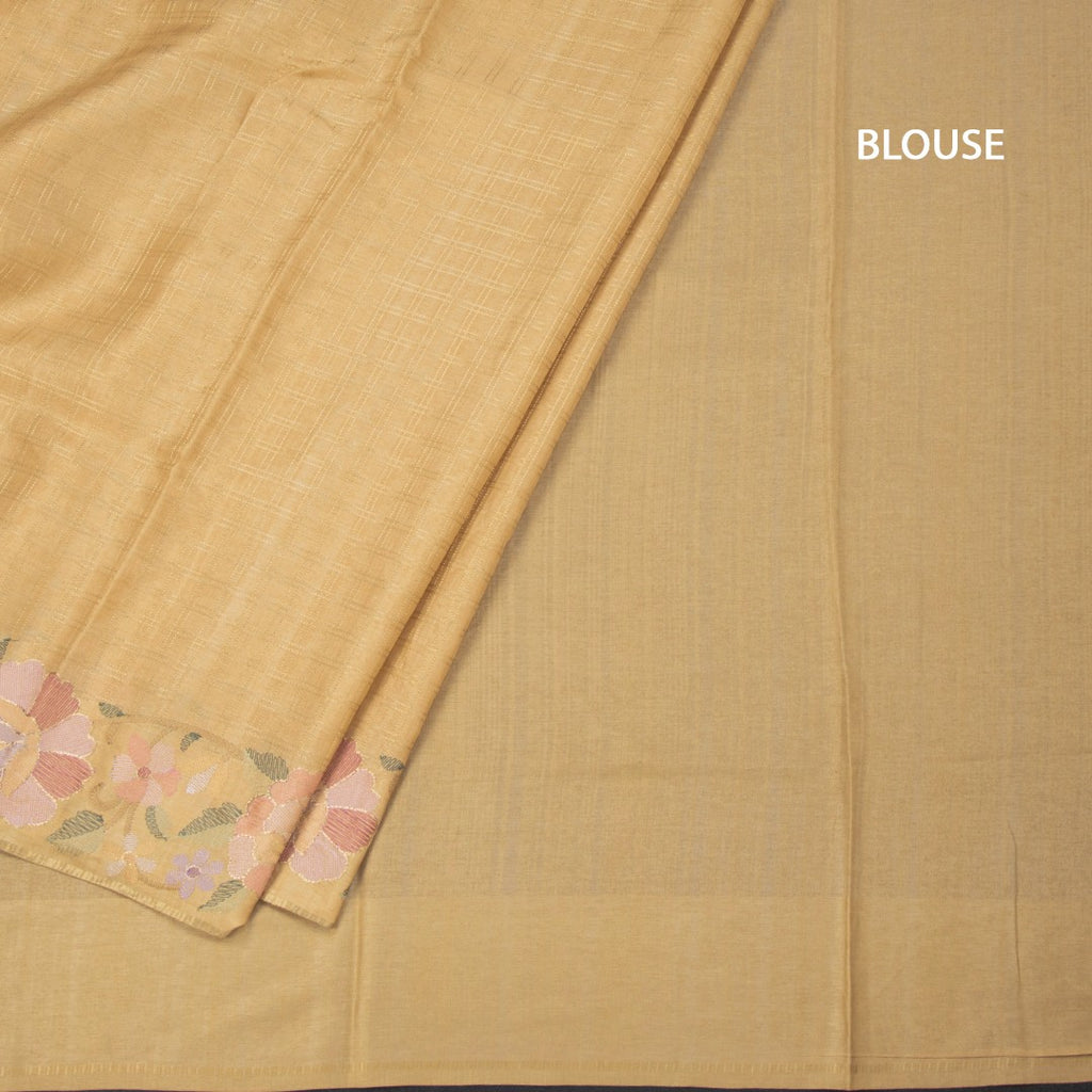 Raw Silk Sandal Zari Checked Saree And Floral Thread Border