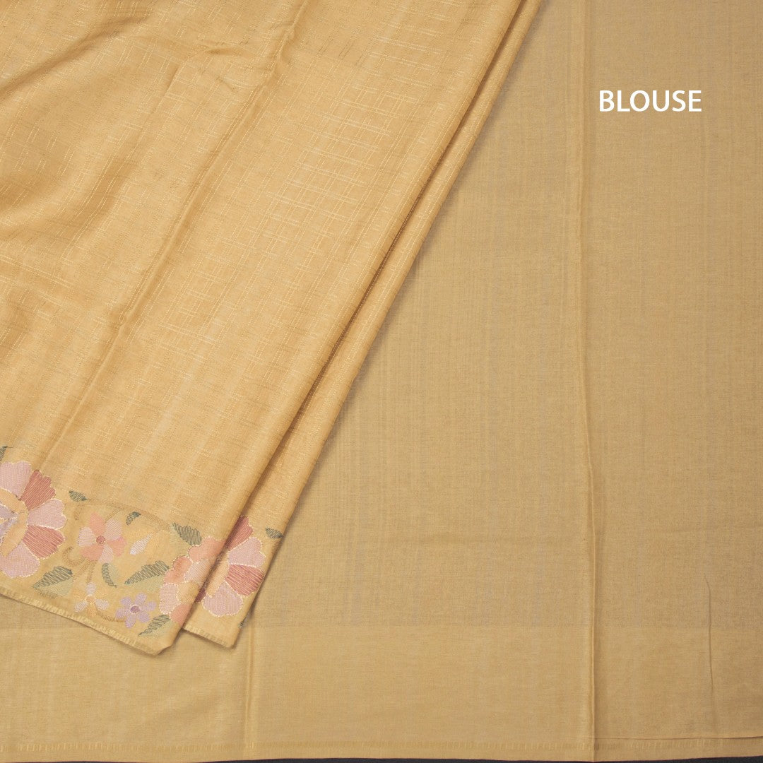 Raw Silk Sandal Zari Checked Saree And Floral Thread Border