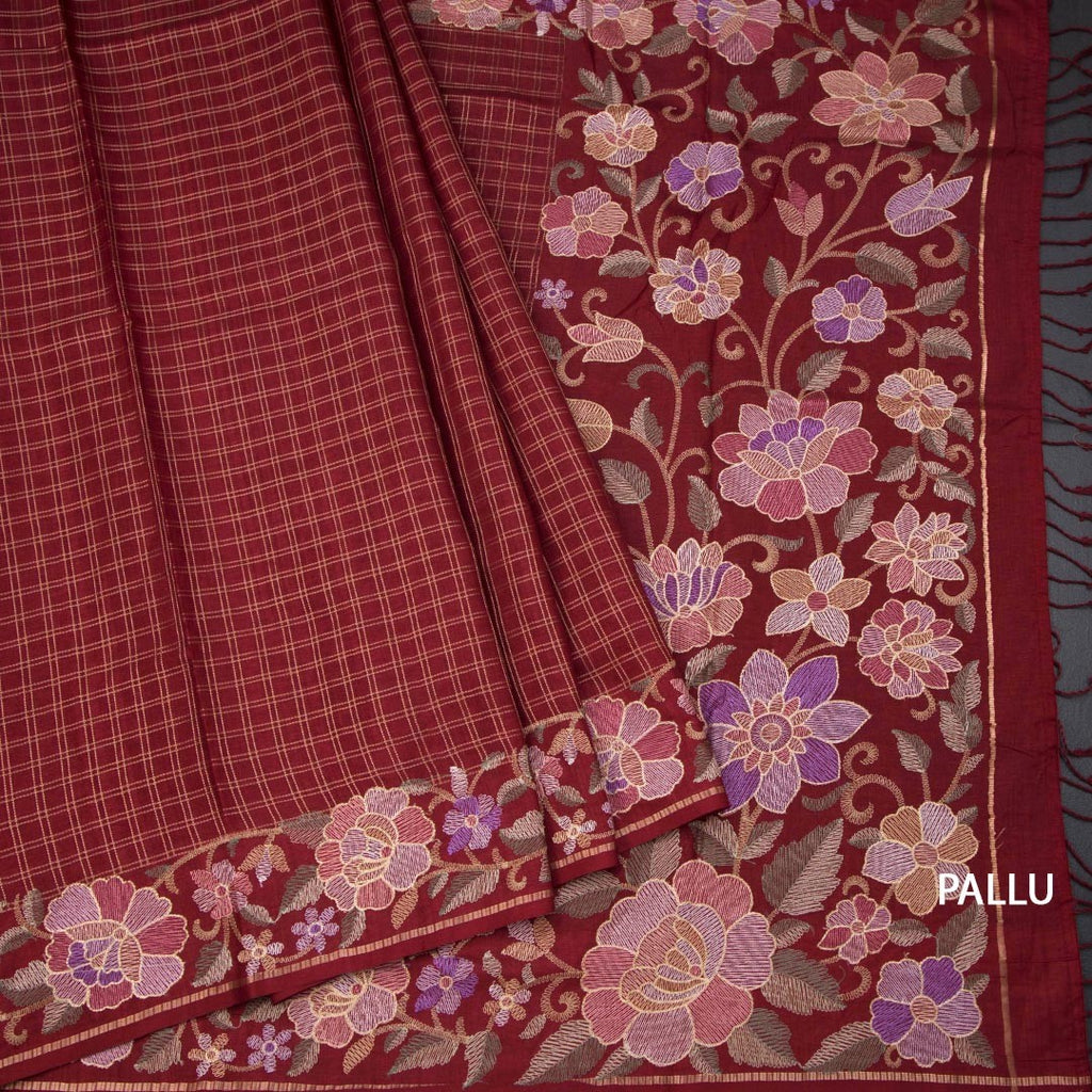 Raw Silk Maroon Zari Checked Saree And Floral Thread Border