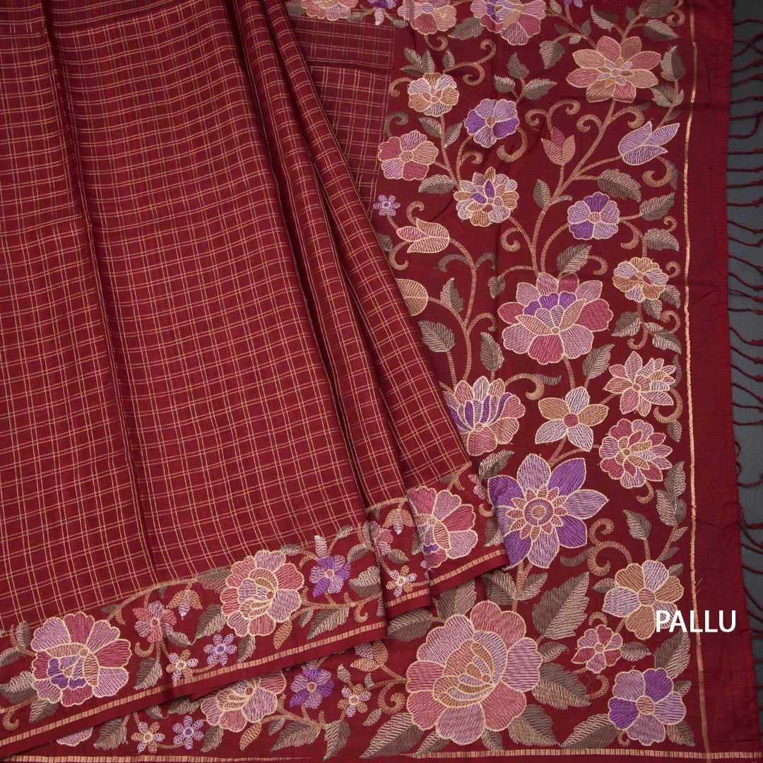 Raw Silk Maroon Zari Checked Saree And Floral Thread Border